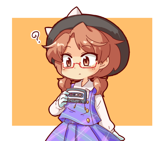 1girl, ?, blush, bow, brown_hair, buttons, cassette_tape, glasses, gloves, hat, hat_bow, long_hair, pozesuke, skirt, solo, touhou, usami_sumireko, white_gloves