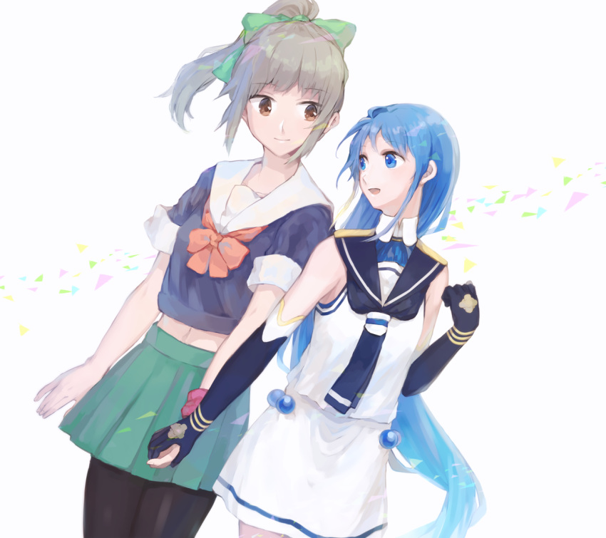 2girls, bangs, bare_shoulders, black_legwear, blue_eyes, blue_hair, bow, brown_eyes