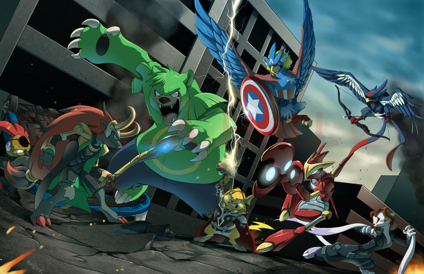 absurdres, armor, arrow, avengers, black_widow, bow, braviary, building