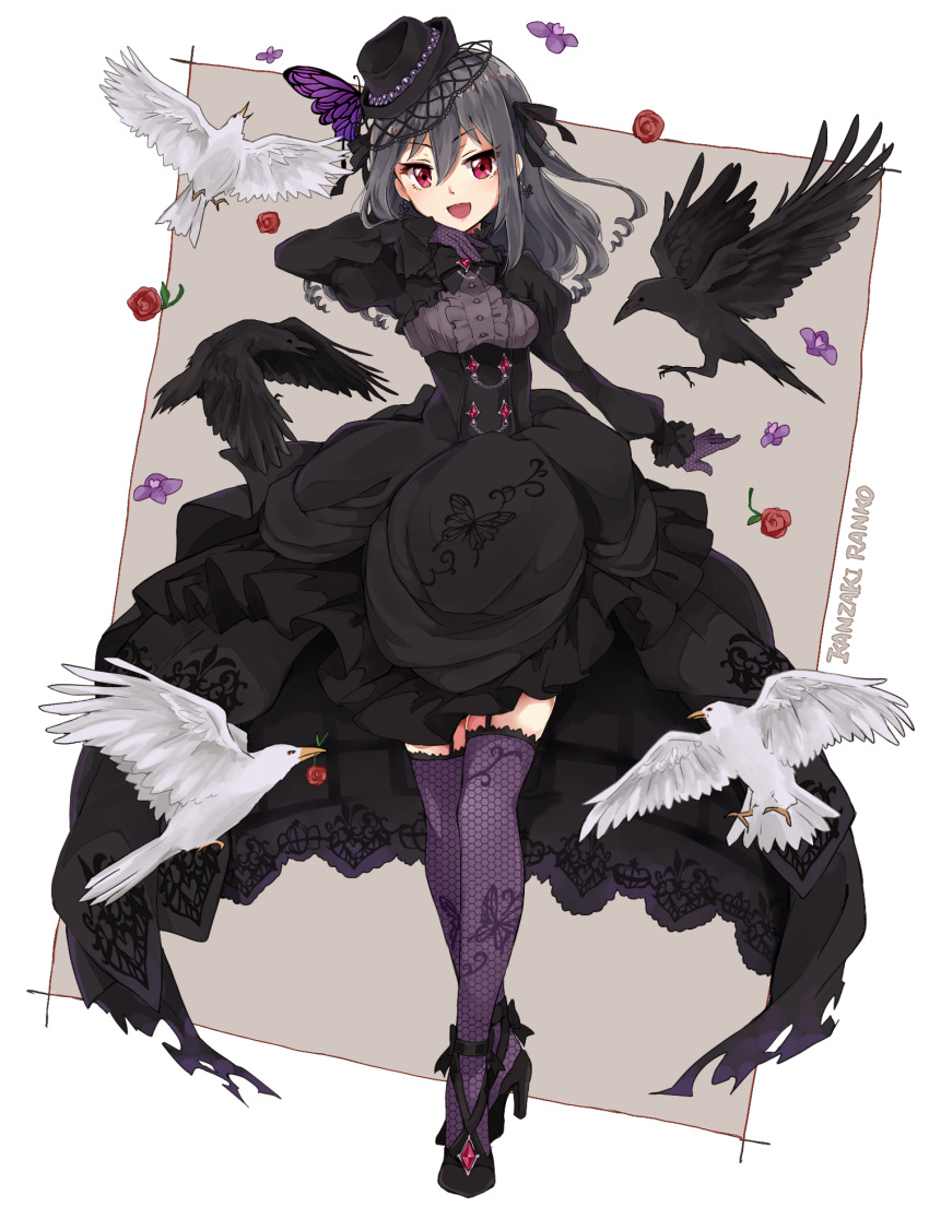 1girl, :d, animal, arm_at_side, arm_up, beak, bird, black_hair