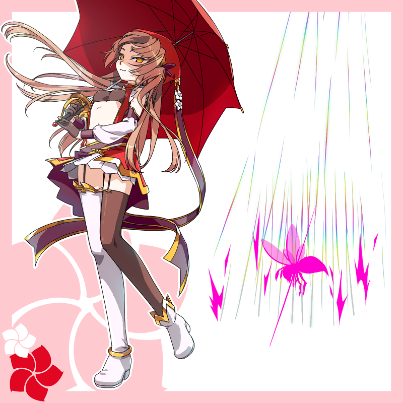 brown_hair, dipladenia_(flower_knight_girl), flower_(symbol), flower_knight_girl, garter_belt, hat, long_hair, looking_at_viewer