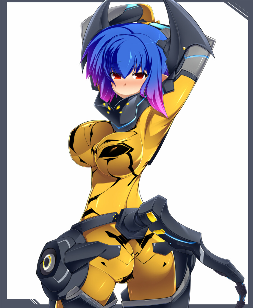 1girl, :<, ass, bangs, blue_hair, blush, bodysuit, border