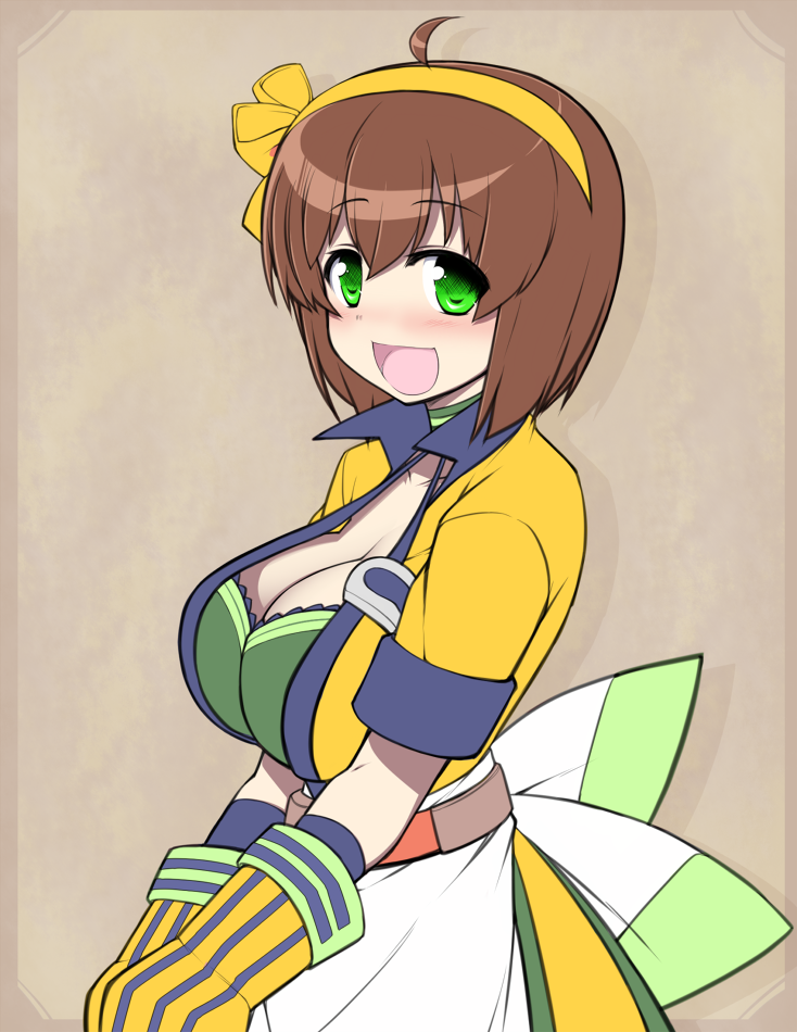 1girl, ahoge, apron, bangs, belt, blush, breasts, brown_hair, choker, cleavage, collarbone, eyebrows, eyebrows_visible_through_hair, gloves, green_eyes, hairband, katami_shinta, large_breasts, long_nose_plier_(ole_tower), looking_at_viewer, looking_to_the_side, ole_tower, open_mouth, short_hair, short_sleeves, simple_background, solo