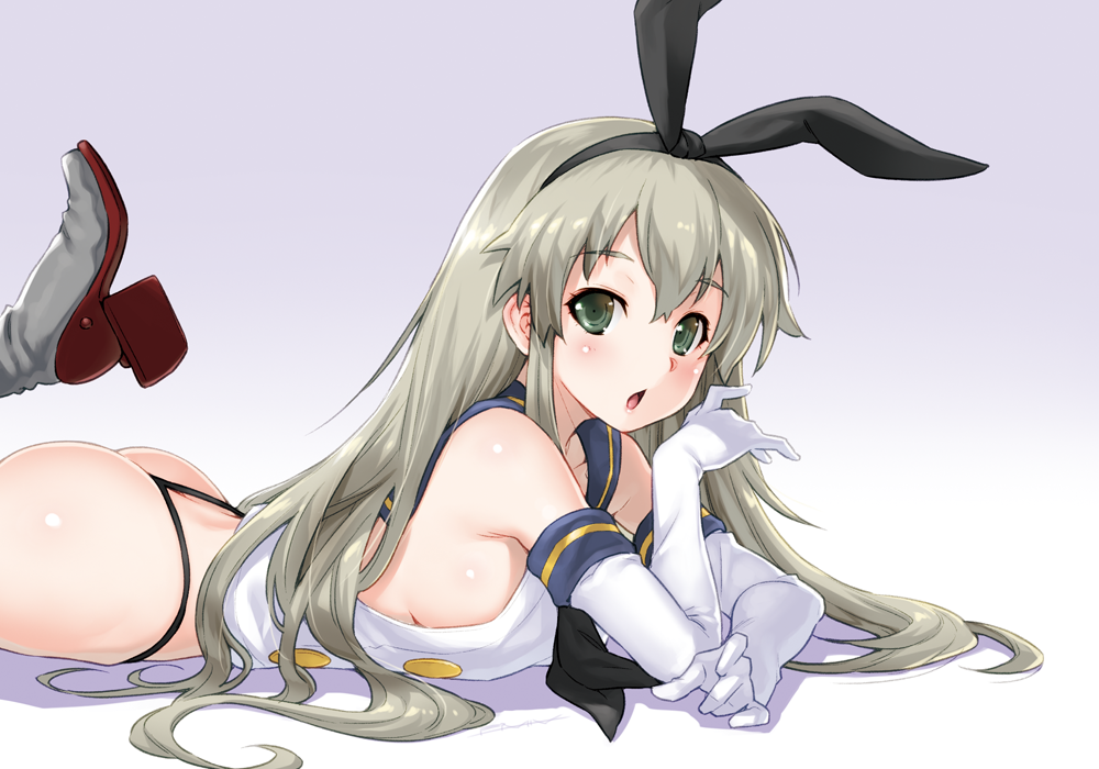 1girl, :o, ass, bare_shoulders, black_bow, black_panties, blonde_hair, blush