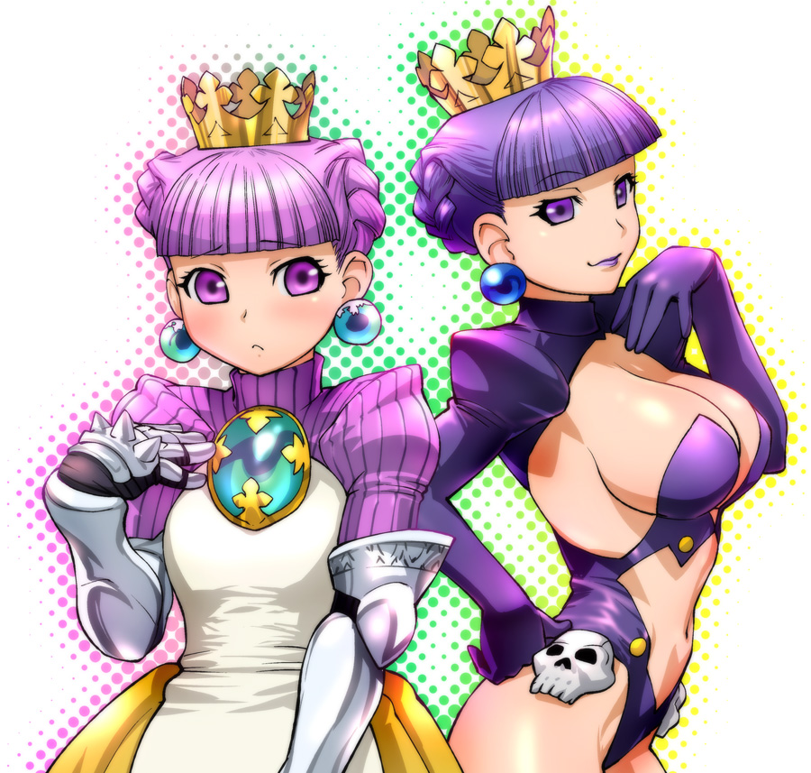 armor, armored_dress, blush, breasts, crown, dual_persona, earrings, gradriel