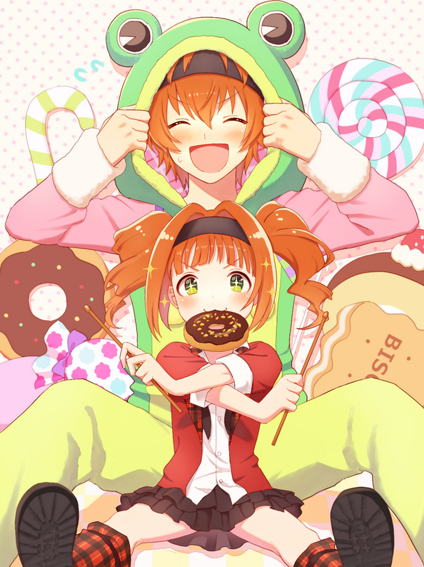 1boy, 1girl, :3, adapted_costume, akk1, biscuit, candy, candy_cane