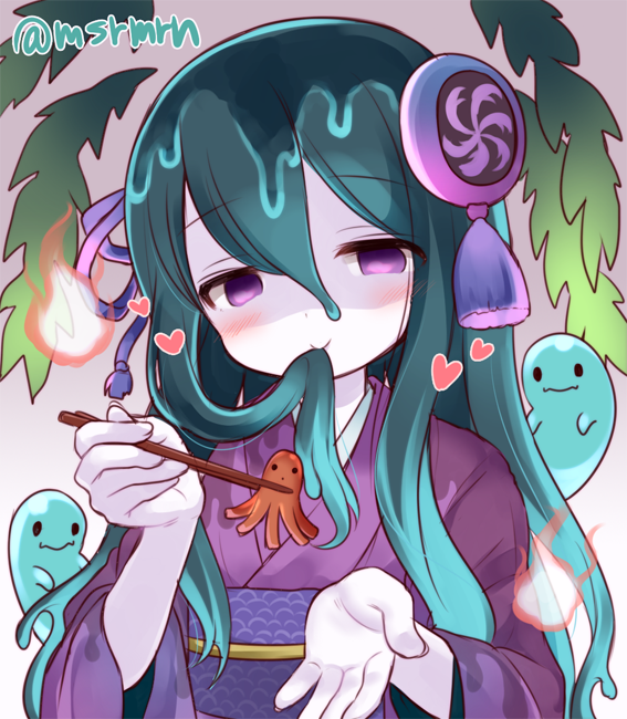 1girl, blush, chopsticks, ghost, green_hair, hair_in_mouth, hamahime_(p&amp;d), hitodama
