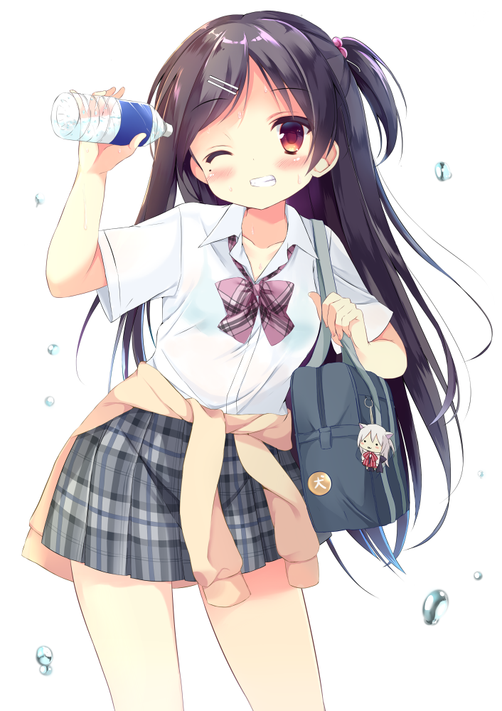 1girl, badge, bag, black_hair, blush, bottle, bow, bowtie