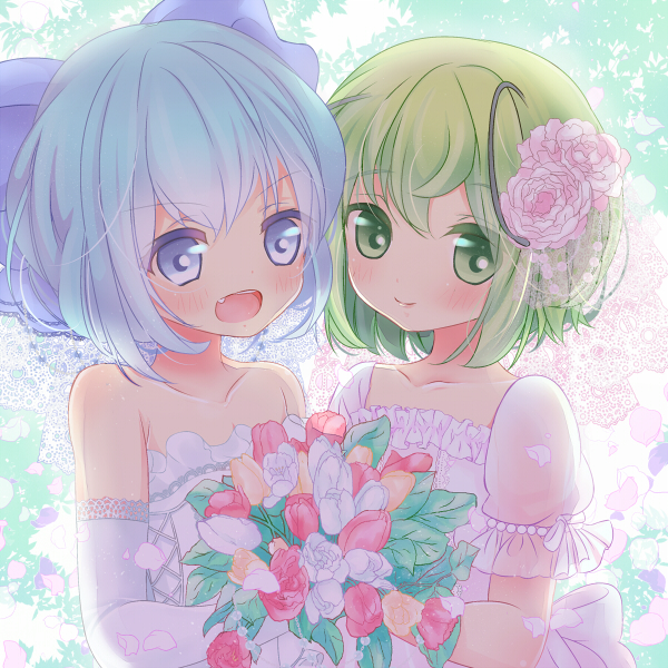 2girls, alternate_costume, antennae, bare_shoulders, blue_eyes, blue_hair, blush, bouquet, bridal_veil, cirno, collarbone, dress, elbow_gloves, fang, flower, gloves, green_eyes, green_hair, hair_flower, hair_ornament, hair_ribbon, looking_at_viewer, mike_(mikenekotei), multiple_girls, open_mouth, petals, puffy_sleeves, ribbon, short_hair, short_sleeves, smile, strapless, strapless_dress, touhou, upper_body, veil, wedding_dress, white_dress, white_gloves, wriggle_nightbug