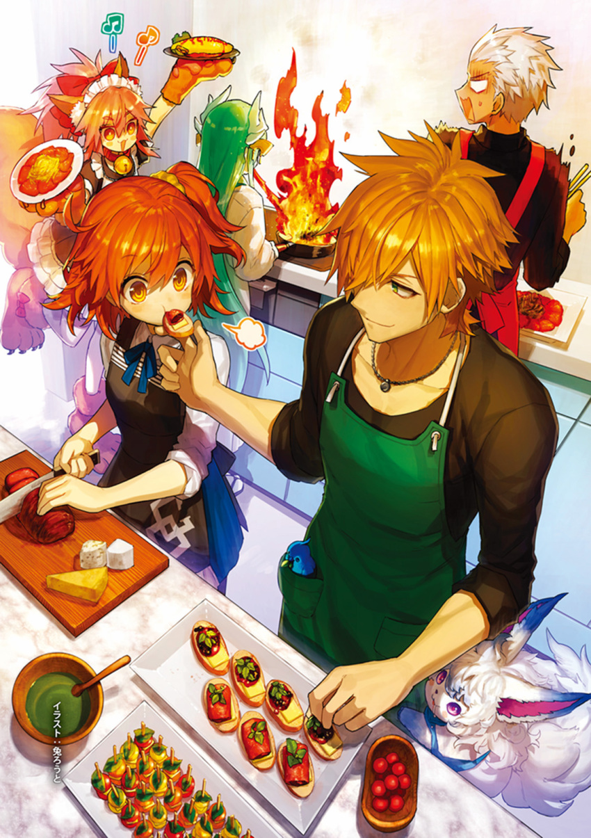2boys, 3girls, :3, animal, animal_ears, apron, archer, archer_(fate/extra)