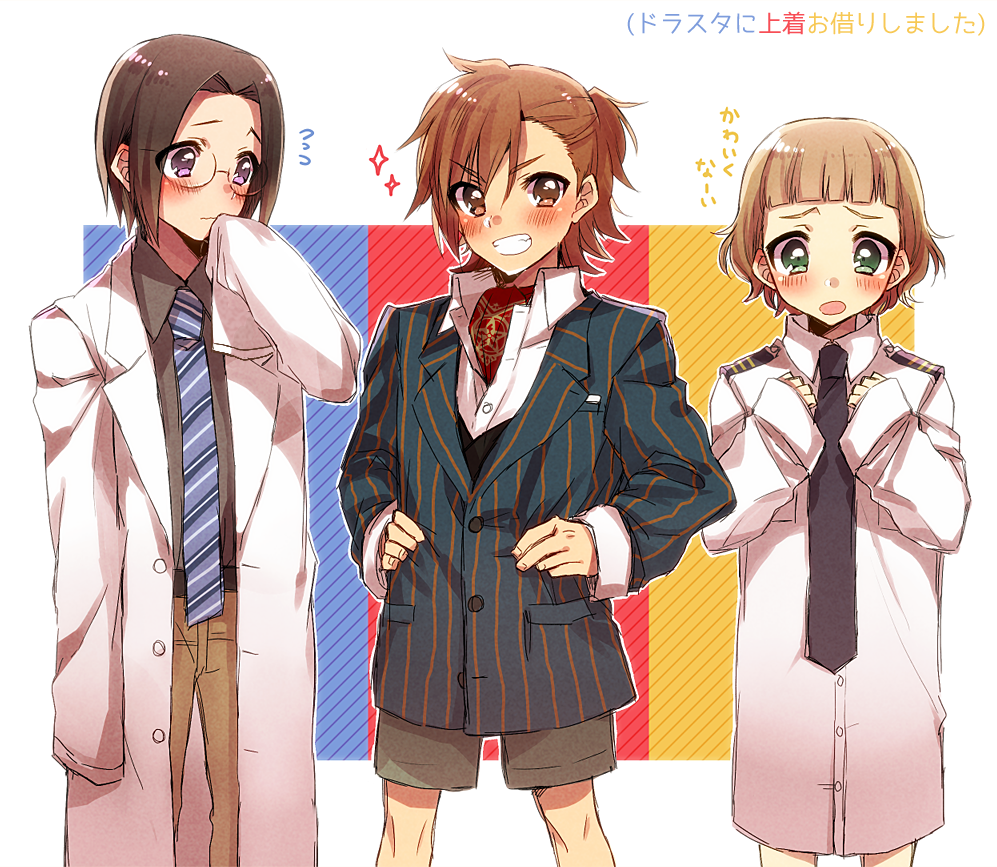 3boys, black_hair, blonde_hair, blush, brown_hair, flying_sweatdrops, glasses, green_eyes