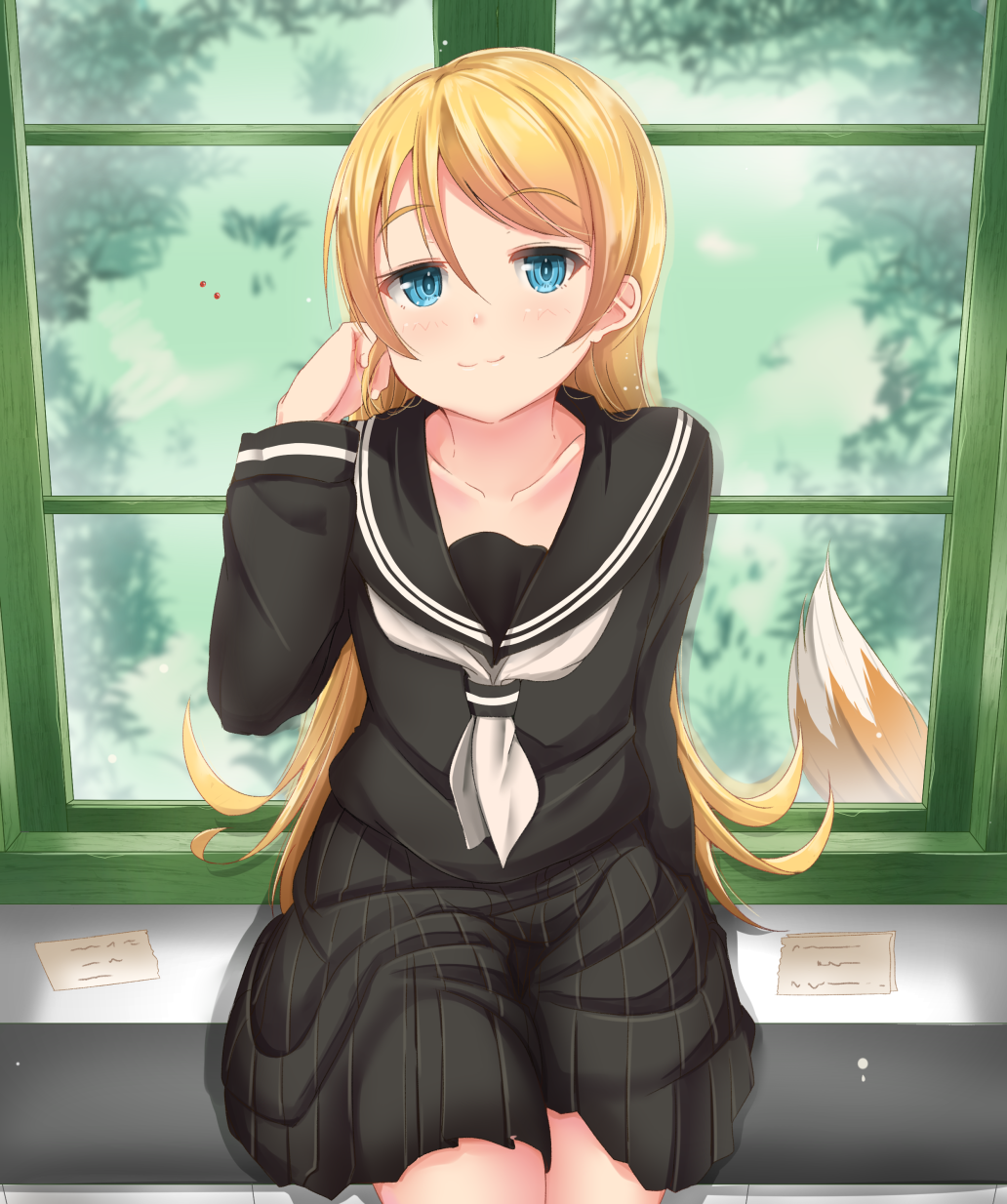 1girl, black_serafuku, blonde_hair, blue_eyes, flying_witch, fox_tail, highres, long_hair, looking_at_viewer, mad_(hazukiken), school_uniform, serafuku, shiina_anzu_(flying_witch), smile, solo, tail, window
