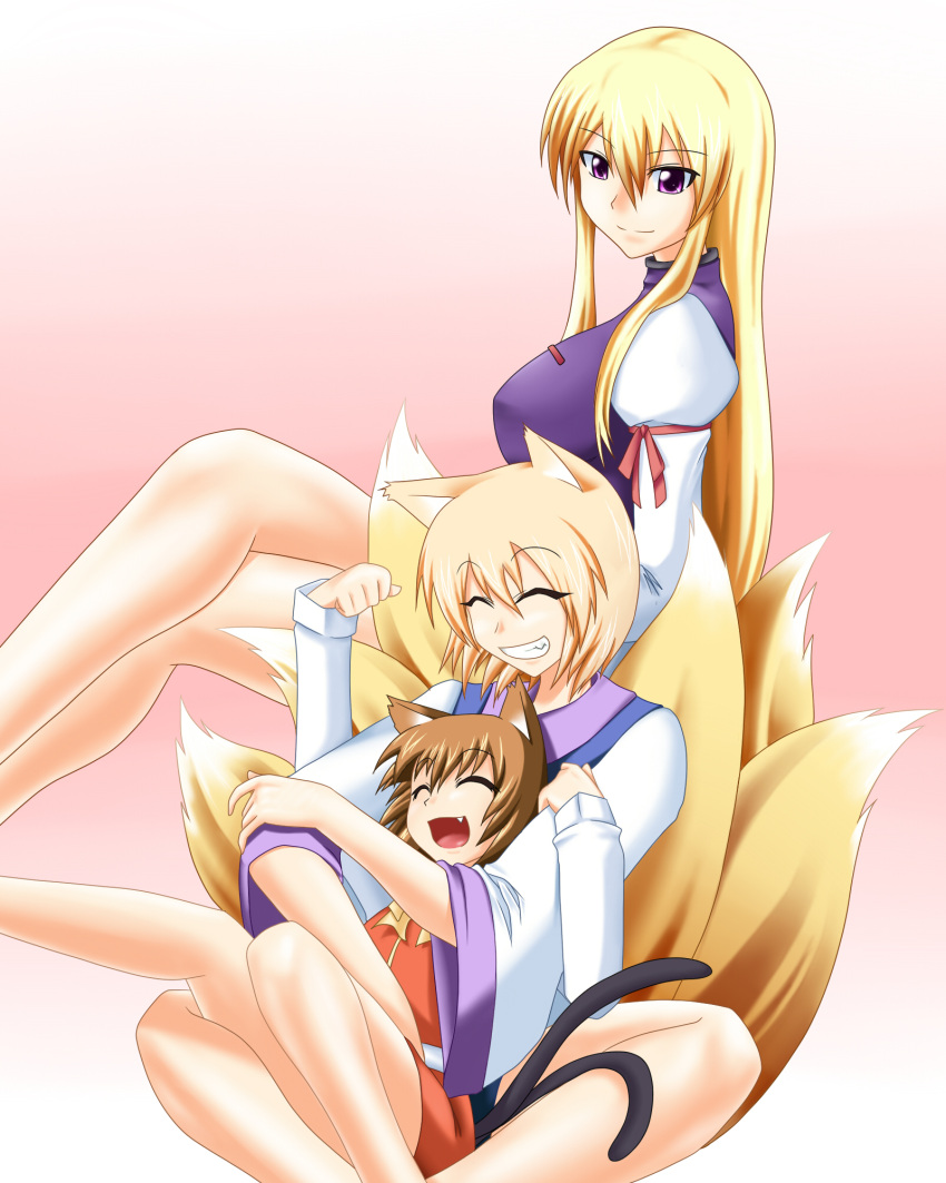 animal_ears, blonde_hair, brown_hair, cat_ears, cat_tail, chen, fang, fox_ears