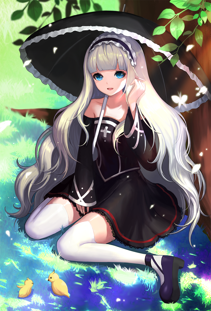 1girl, animal, bangs, big_hair, bird, black_dress, black_hair, black_shoes