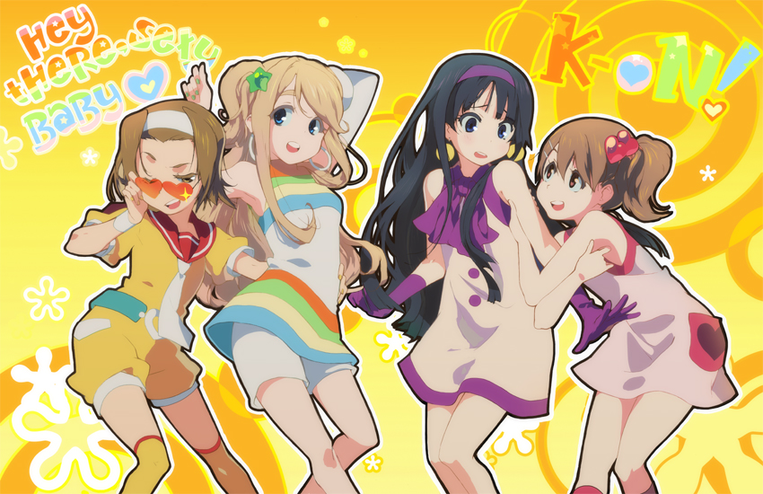akiyama_mio, alternate_costume, black_eyes, black_hair, blonde_hair, brown_eyes, brown_hair, dress