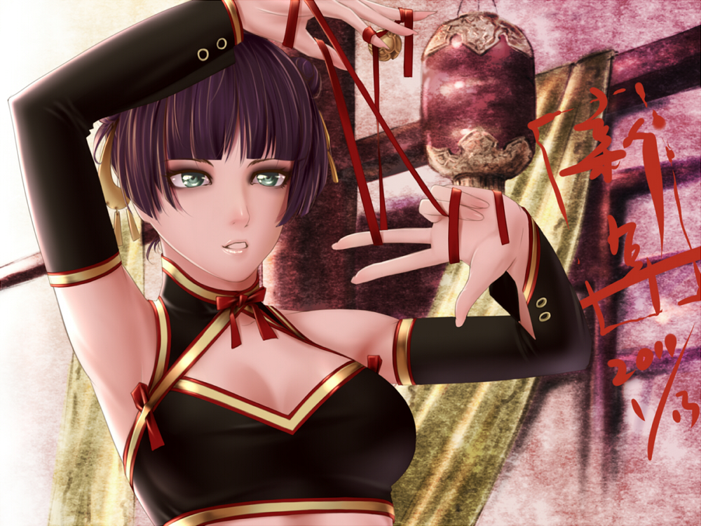 1girl, 2011, black_hair, breasts, cleavage, dated, detached_sleeves, green_eyes