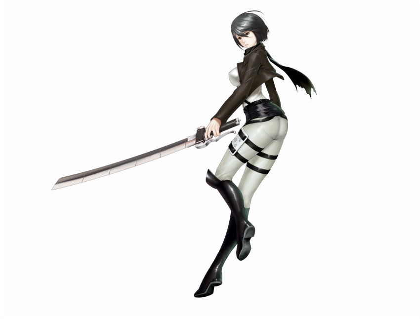1girl, black_hair, boots, highres, holding, holding_sword, holding_weapon, mikasa_ackerman