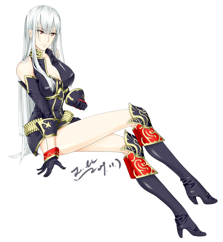 1girl, black_gloves, boots, breasts, cleavage, collarbone, gloves, highres
