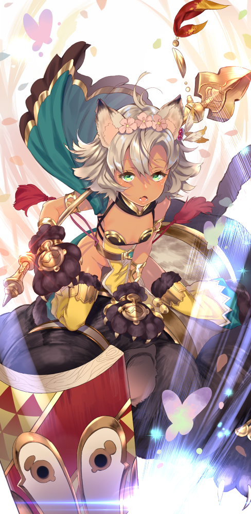 1girl, :o, ahoge, animal_ears, armlet, armor, between_legs, bikini_armor