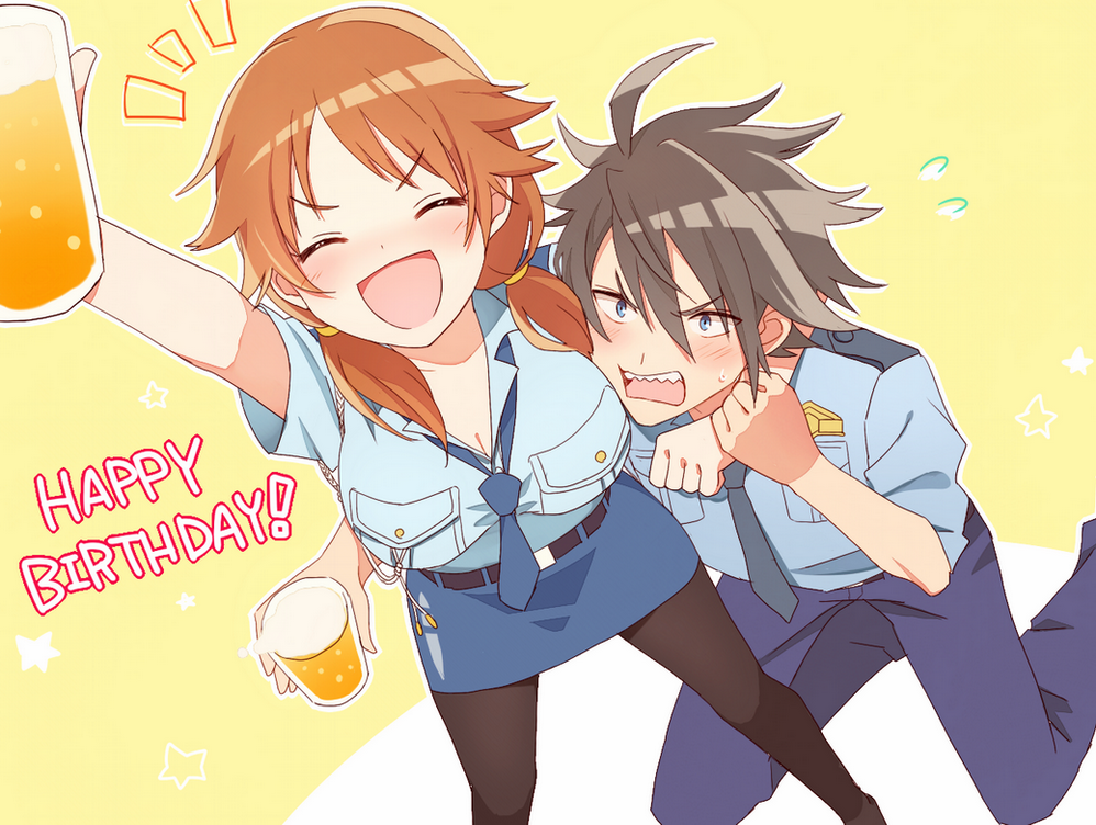 akk1, akuno_hideo, alcohol, beer, blue_necktie, blush, breasts, brown_hair