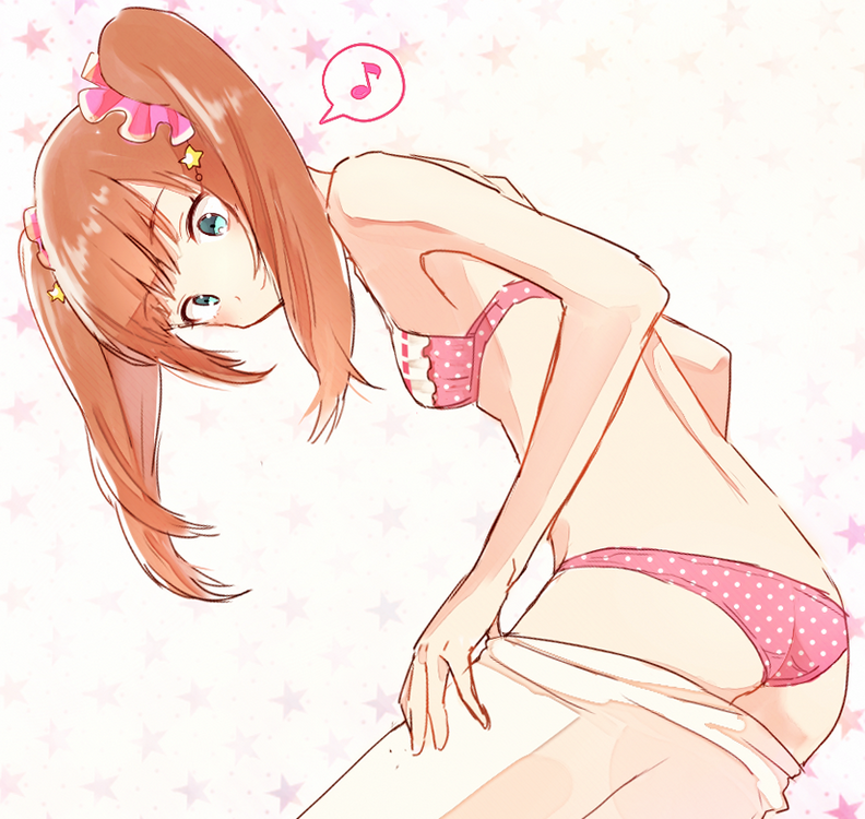 1boy, akk1, blue_eyes, bra, brown_hair, idolmaster, idolmaster_side-m, male_focus, mizushima_saki, panties, polka_dot, polka_dot_bra, polka_dot_panties, solo, trap, twintails, underwear, undressing