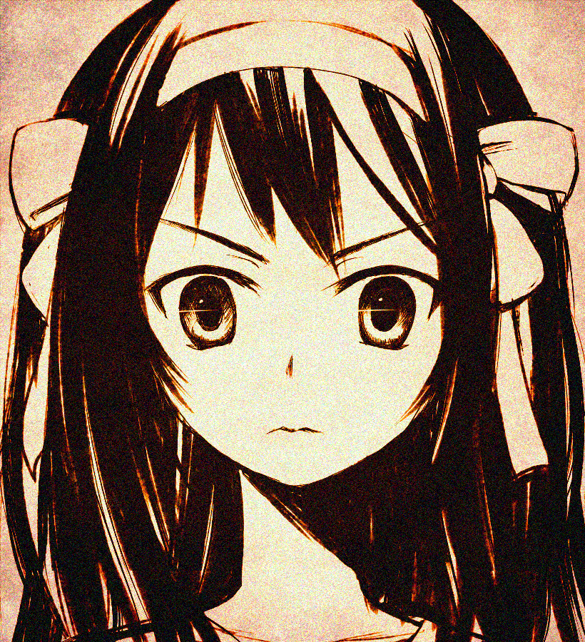 hair_ribbon, headband, long_hair, monochrome, ribbon, solo, sorethroat, suzumiya_haruhi