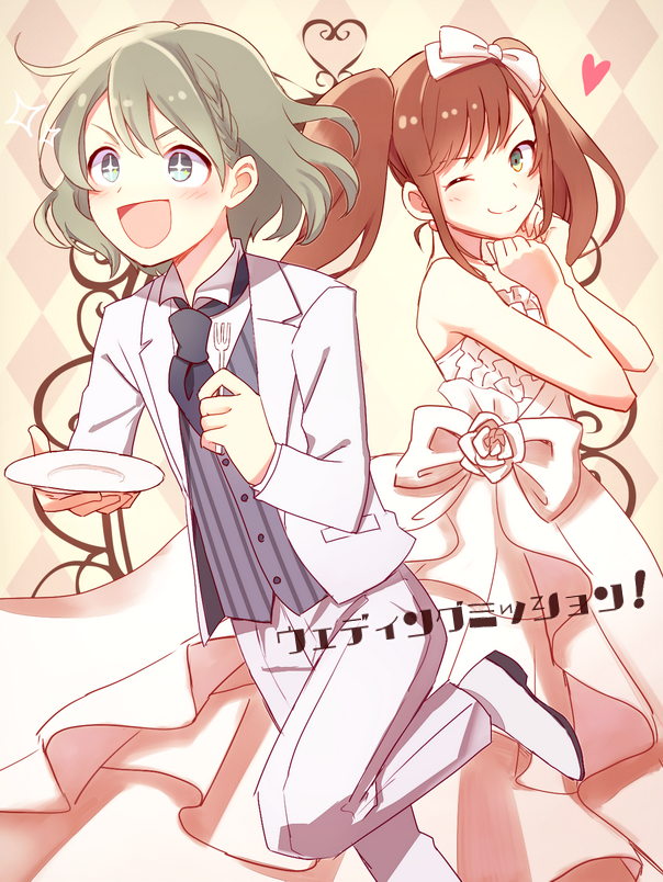 2boys, ;), akk1, argyle, argyle_background, blue_eyes, blush, bow