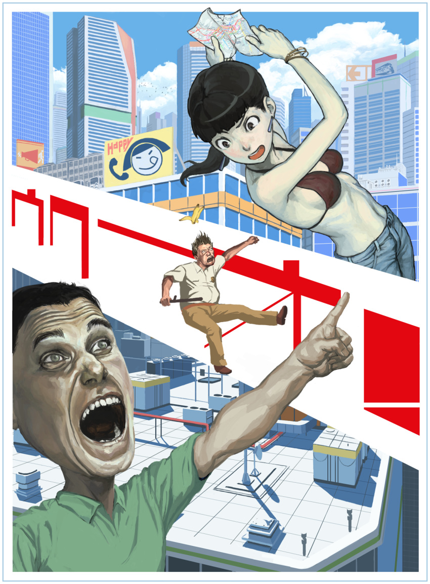 1girl, 2boys, banana, bikini, bikini_top, bracelet, city, cityscape