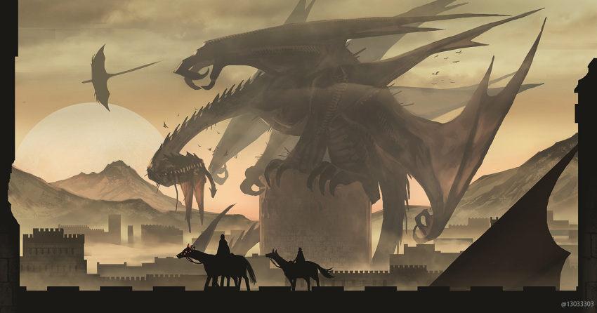 arizuka_(13033303), cape, dragon, flying, fog, monster, mountain, silhouette, sky, sun, town, walls, wings