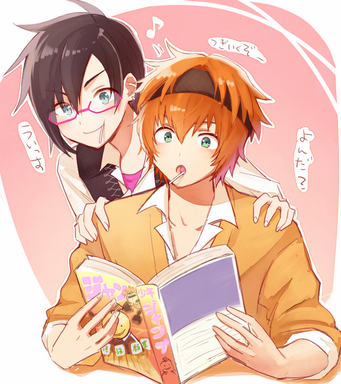 2boys, akk1, ansatsu_kyoushitsu, black_hair, blue_eyes, candy, comic, green_eyes