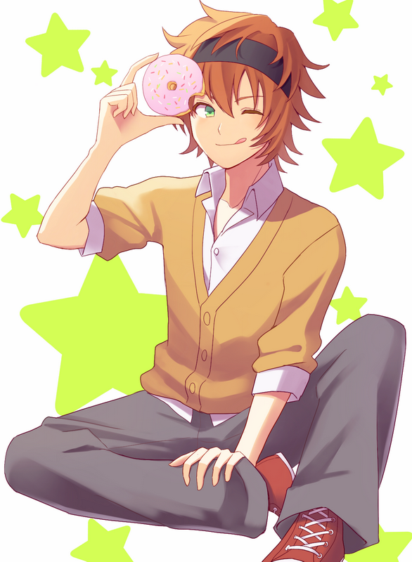 1boy, akk1, donut, doughnut, food, green_eyes, idolmaster, idolmaster_side-m