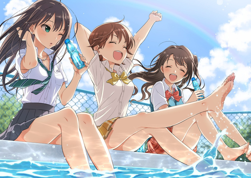 3girls, :d, ^_^, armpit_peek, bare_legs, barefoot, blush, brown_eyes
