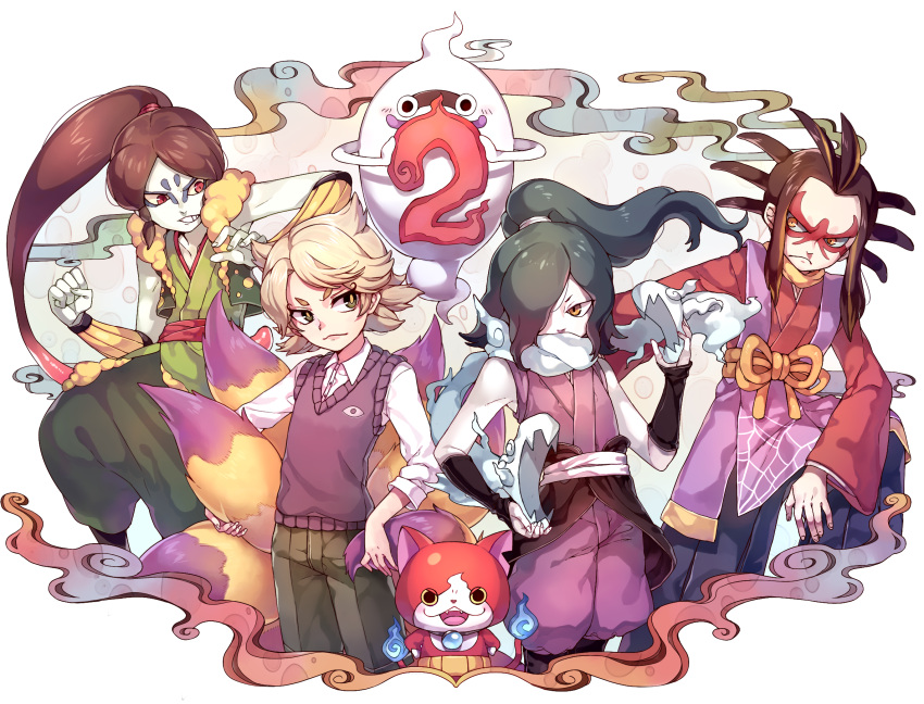 blush, dress, ghost, highres, japanese_clothes, jibanyan, kyuubi_(youkai_watch), male_focus