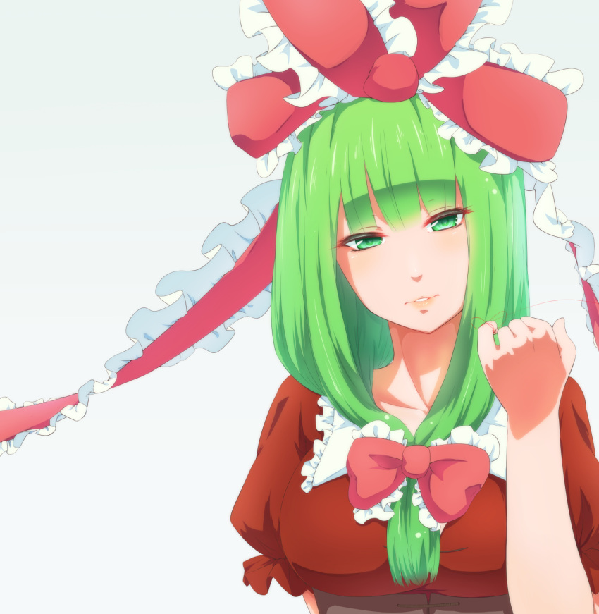 1girl, blush, dress, face, frills, front_ponytail, gradient, gradient_background