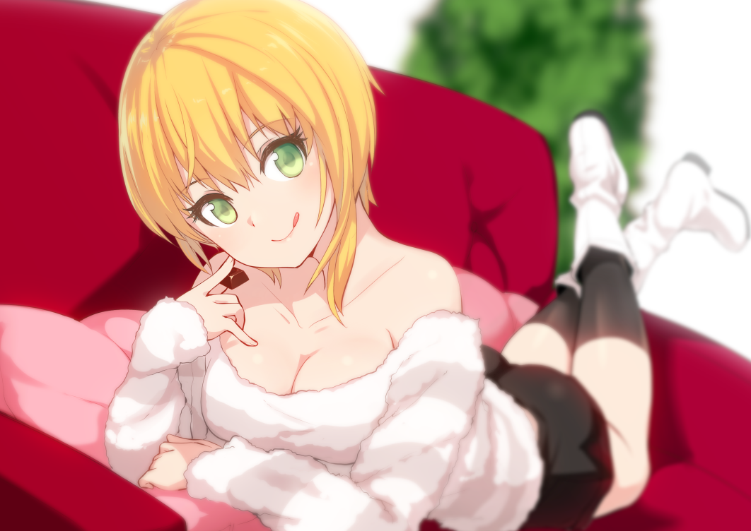 1girl, :q, bare_shoulders, black_legwear, blonde_hair, blush, boots, breasts