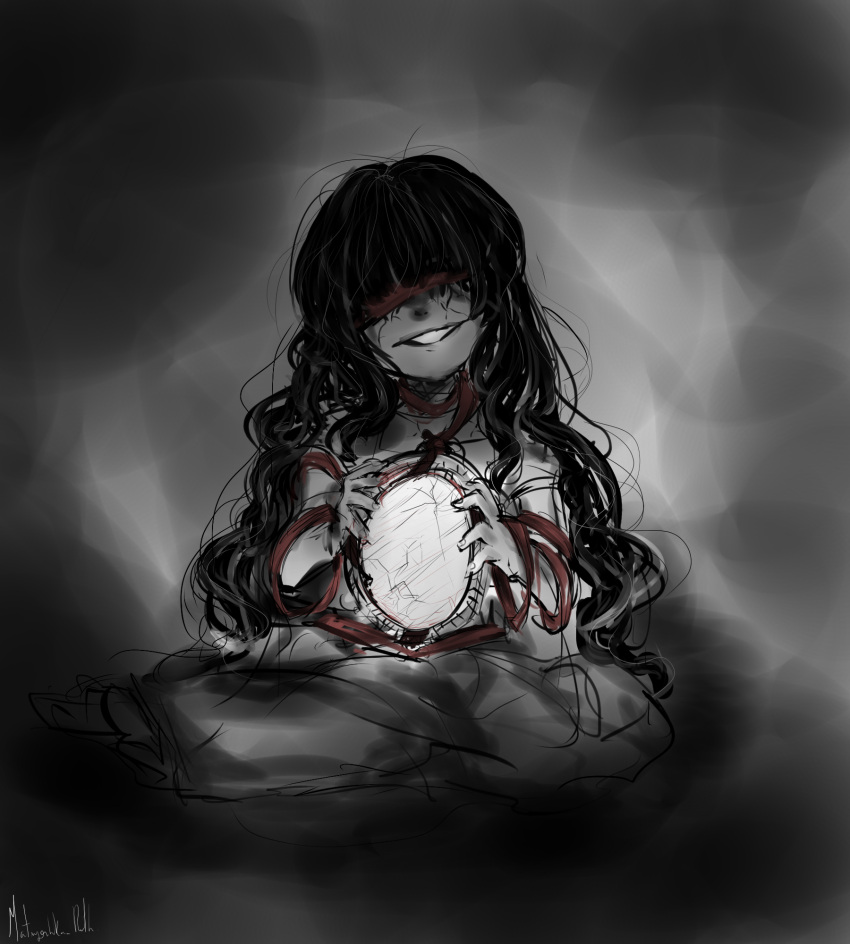 1girl, artist_name, black_hair, blindfold, broken_mirror, dress, evil_grin, evil_smile, grin, hair_over_eyes, highres, kneeling, matryoshka-ruth, messy_hair, monochrome, original, ribbon, signature, smile, wavy_hair