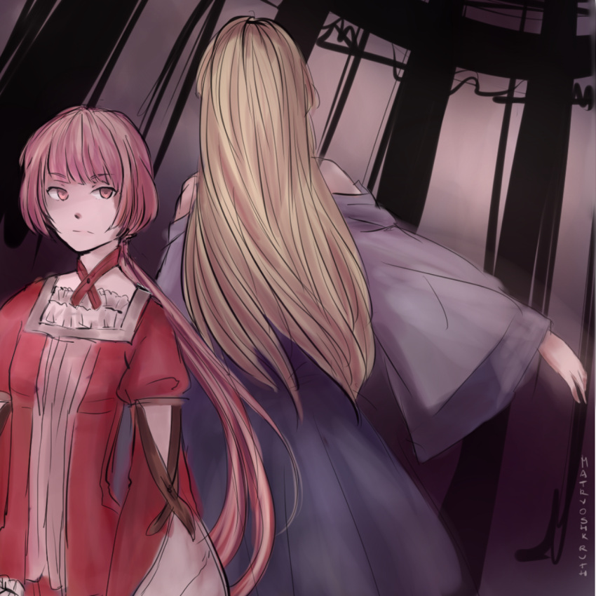 2girls, alternate_hair_color, back, blonde_hair, dress, frills, frown, highres