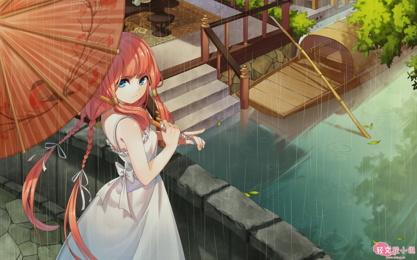 1girl, bangs, blue_eyes, blunt_bangs, boat, bow, braid, bridge