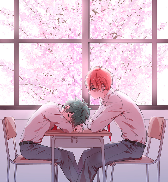 2boys, arm_pillow, belt, boku_no_hero_academia, chair, cherry_blossoms, classroom, collared_shirt