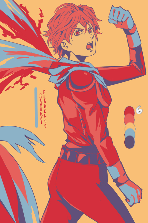 1boy, clenched_hands, color_guide, copyright_name, emptycicada, from_side, gloves, hazama_masayoshi
