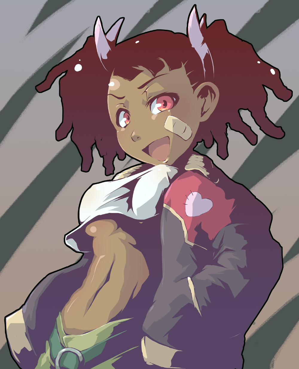 ayukawa_miyuki, bandaid, basquash!, belt, black_hair, breasts, brown_hair, dark_skin