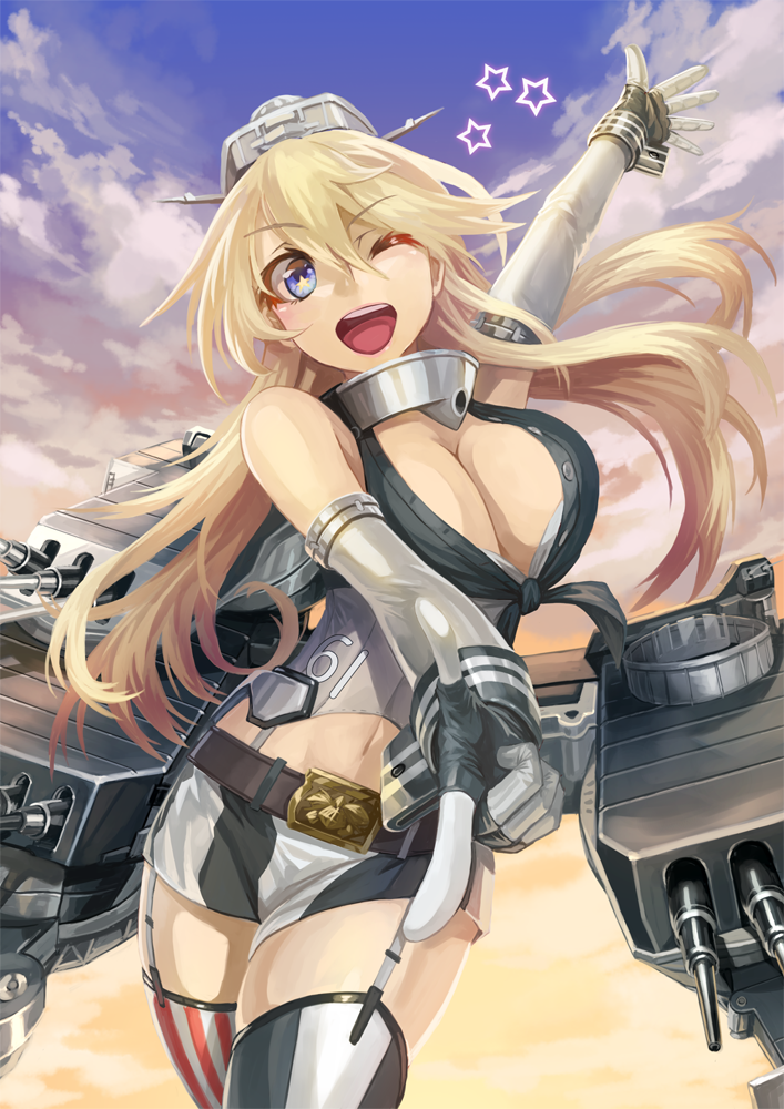 1girl, blonde_hair, blue_eyes, breasts, cannon, cleavage, clouds, elbow_gloves