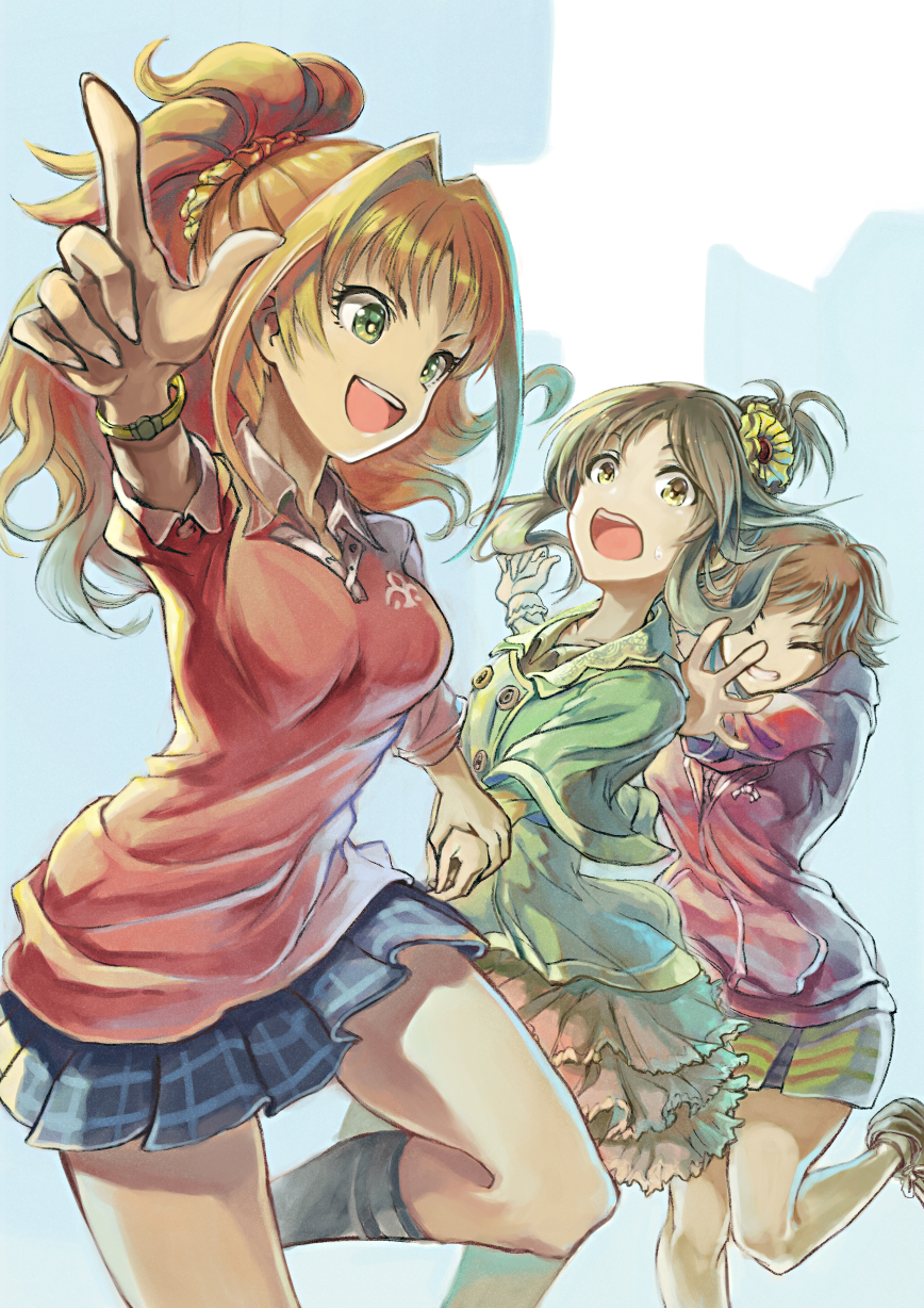 3girls, brown_hair, closed_eyes, flower, green_eyes, hair_flower, hair_ornament, high_ponytail