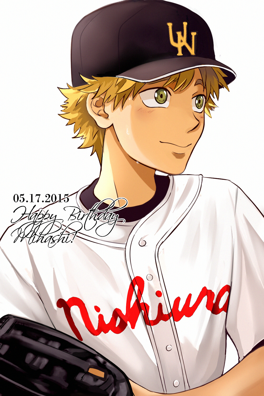 1boy, baseball_cap, baseball_mitt, baseball_uniform, blonde_hair, character_name, dated, emptycicada