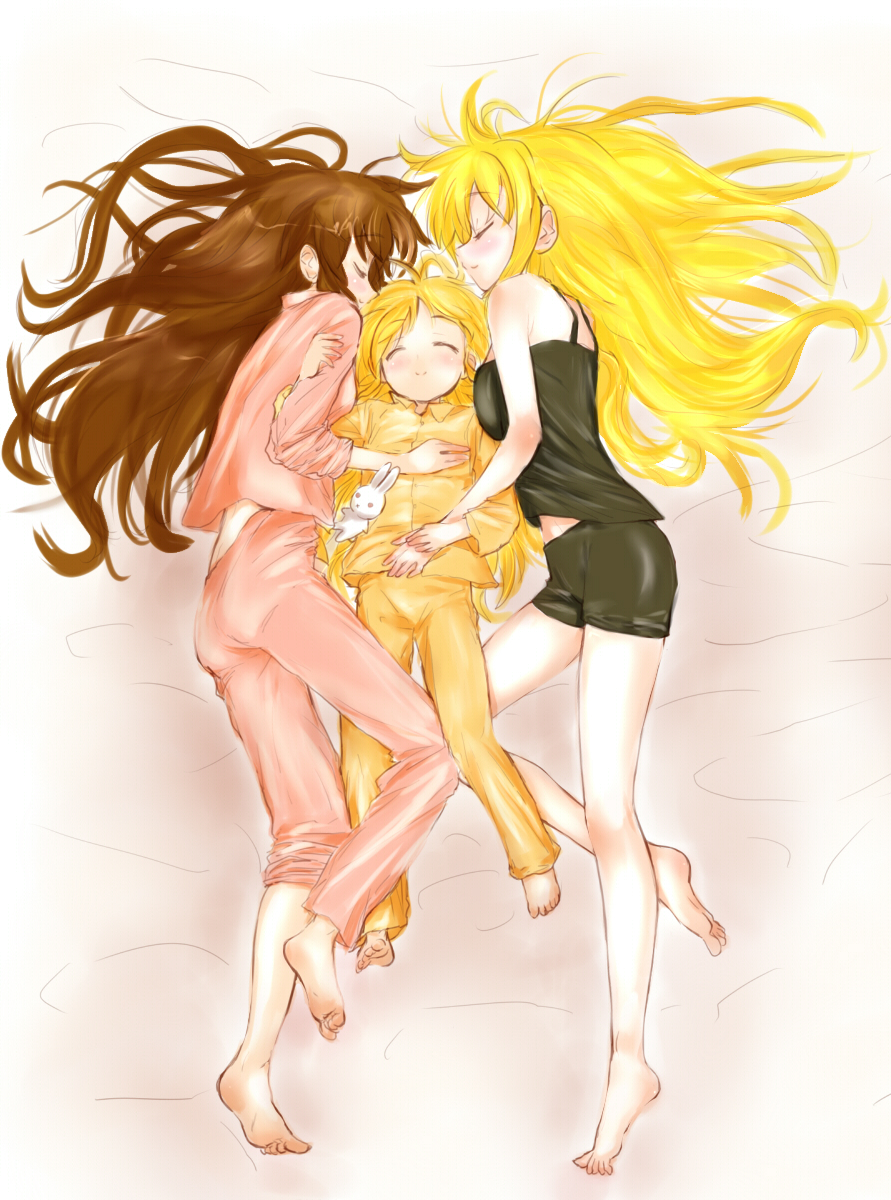 bad_id, barefoot, bed, blonde_hair, blush, brown_hair, bunny, closed_eyes