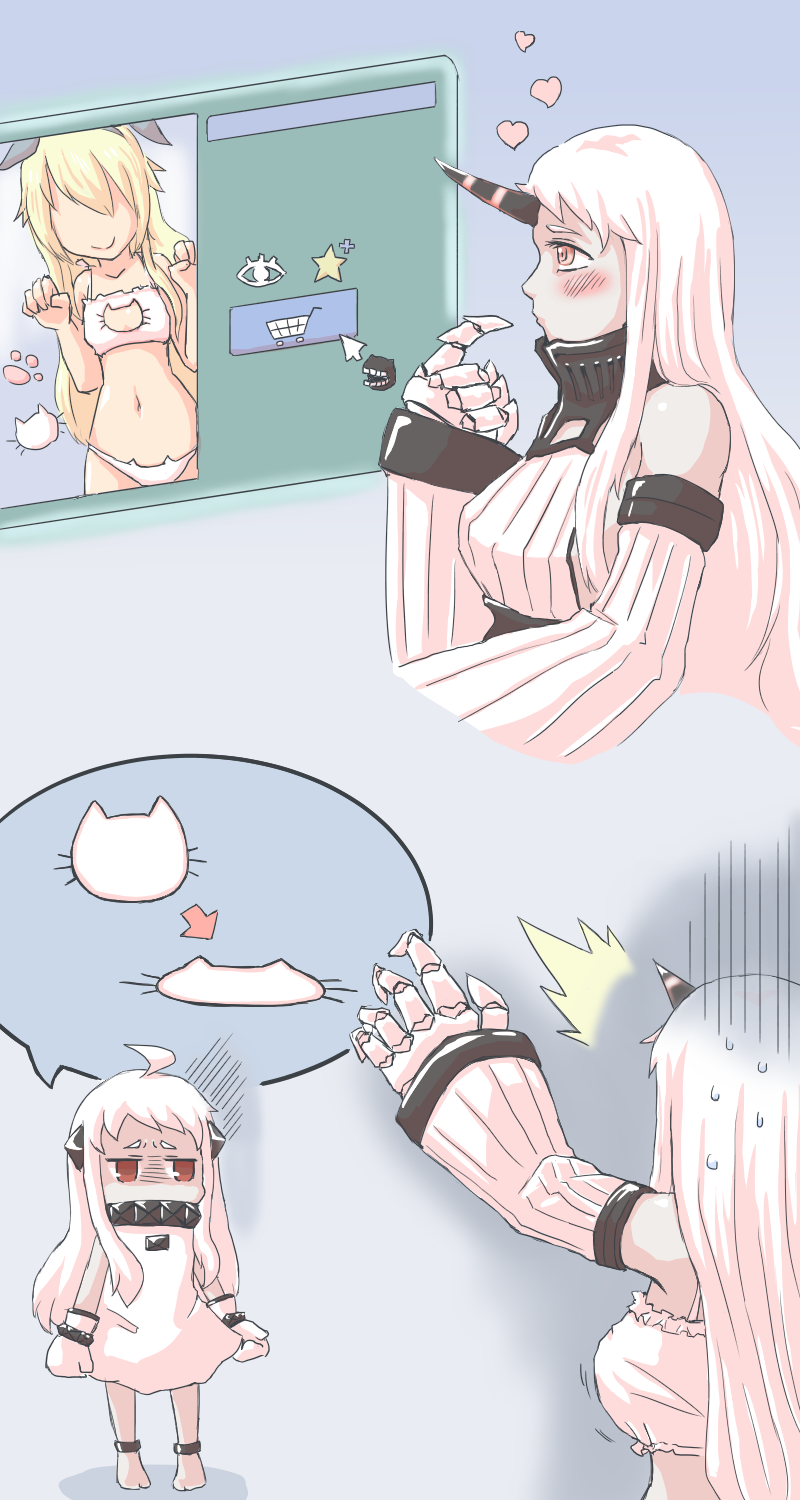 ahoge, animal_ears, baise_fenbi_xian, bare_shoulders, blush, breasts, cat_cutout, cat_lingerie, claws, commentary_request, covered_mouth, detached_sleeves, dress, fake_animal_ears, highres, horn, horns, kantai_collection, large_breasts, lingerie, long_hair, mittens, northern_ocean_hime, red_eyes, ribbed_dress, seaport_hime, shinkaisei-kan, underwear, white_dress, white_hair, white_skin, yellow_eyes