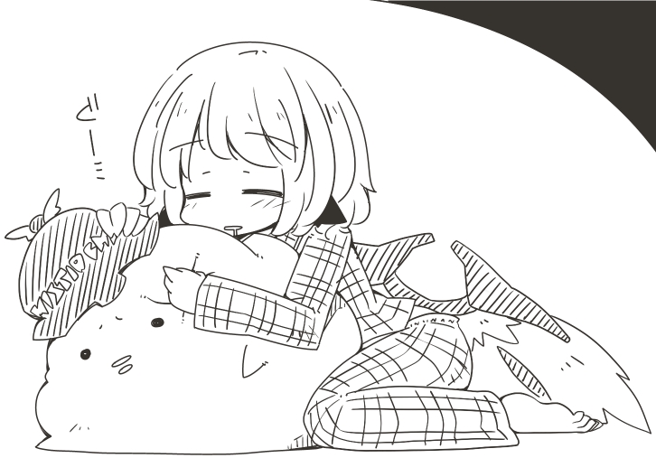 1girl, animal_ears, bean_bag_chair, drooling, hat, hug, jagabutter, monochrome