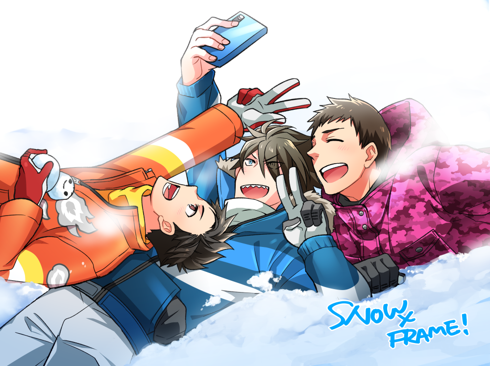 3boys, akuno_hideo, blue_eyes, breath, brown_hair, cellphone, closed_eyes, coat