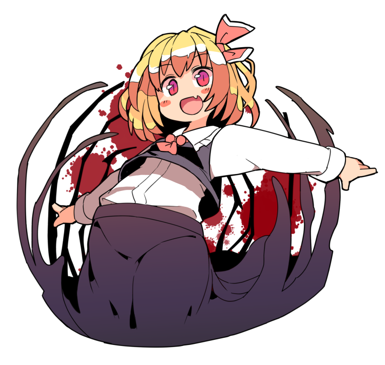 1girl, black_vest, blonde_hair, blood, blood_splatter, blush, blush_stickers, cowboy_shot