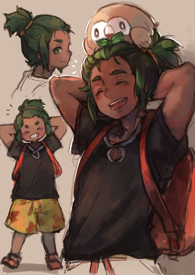 1boy, 3boys, arms_behind_head, bird, dark_skin, ezroseven, green_hair, grin